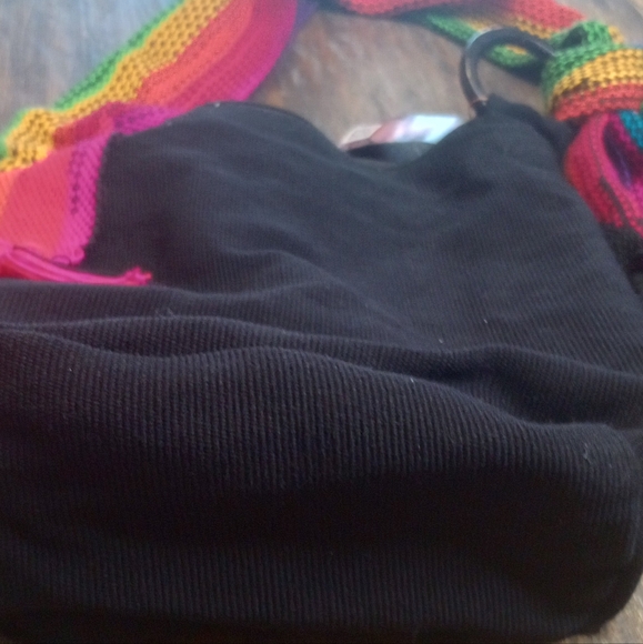 Bareke crochet rainbow scarf strap black tote bag - Picture 4 of 6